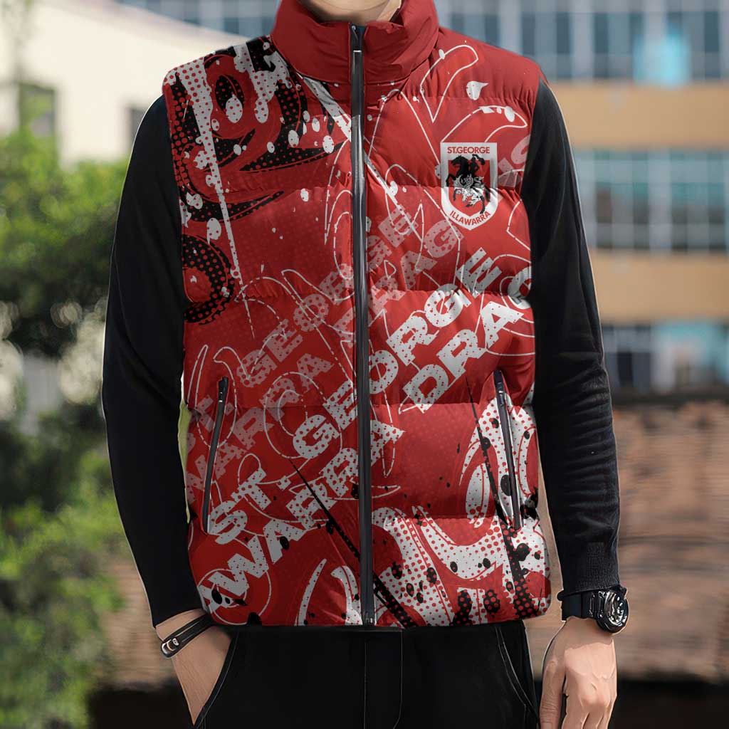 Personalized St. George Illawarra Dragons Rugby Sleeveless Puffer Jacket Urban Street Graffiti Style - Distressed Splatter Elements
