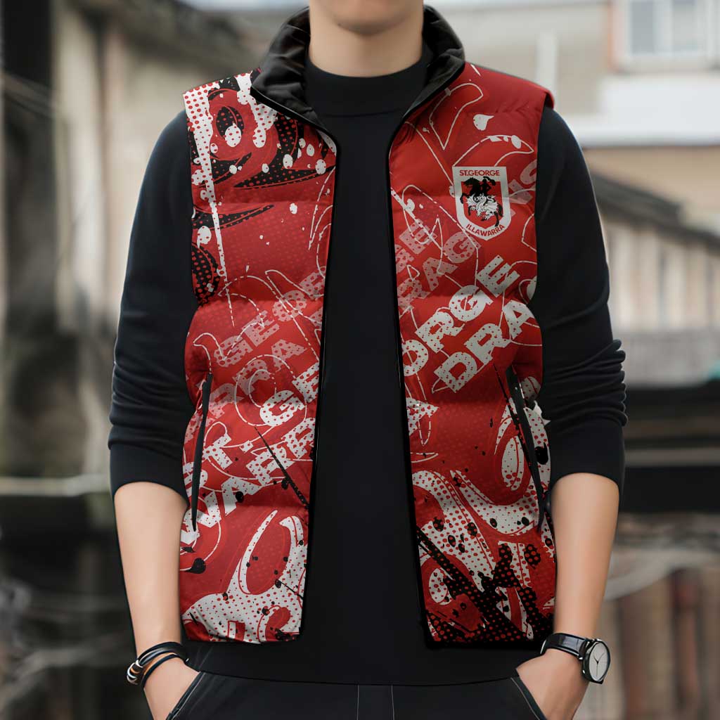 Personalized St. George Illawarra Dragons Rugby Sleeveless Puffer Jacket Urban Street Graffiti Style - Distressed Splatter Elements