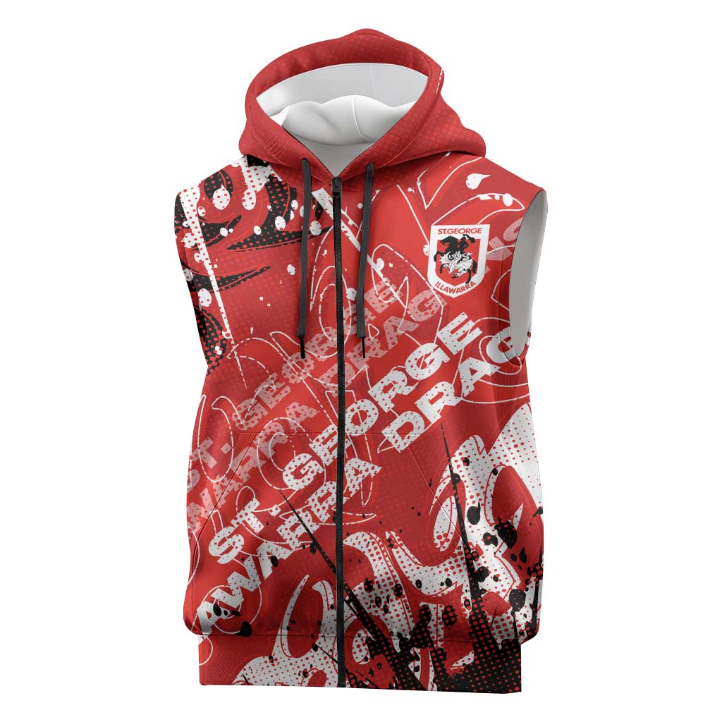 Personalized St. George Illawarra Dragons Rugby Sleeveless Zip Hoodie Urban Street Graffiti Style - Distressed Splatter Elements