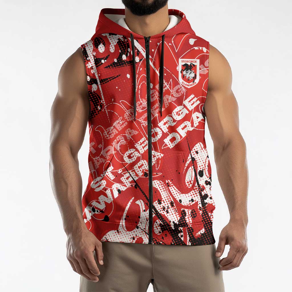 Personalized St. George Illawarra Dragons Rugby Sleeveless Zip Hoodie Urban Street Graffiti Style - Distressed Splatter Elements