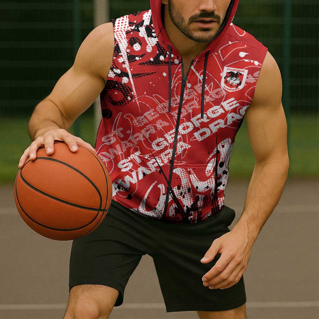 Personalized St. George Illawarra Dragons Rugby Sleeveless Zip Hoodie Urban Street Graffiti Style - Distressed Splatter Elements