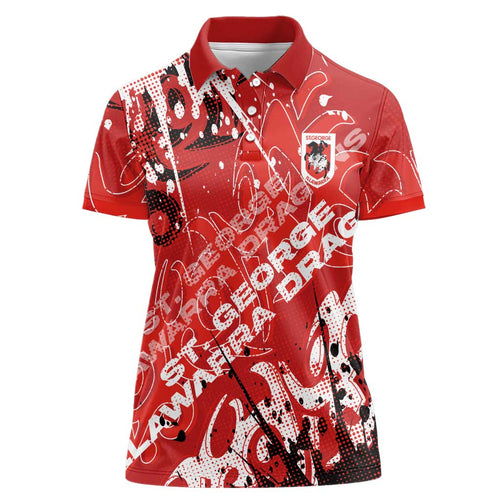 Personalized St. George Illawarra Dragons Rugby Women Polo Shirt Urban Street Graffiti Style - Distressed Splatter Elements