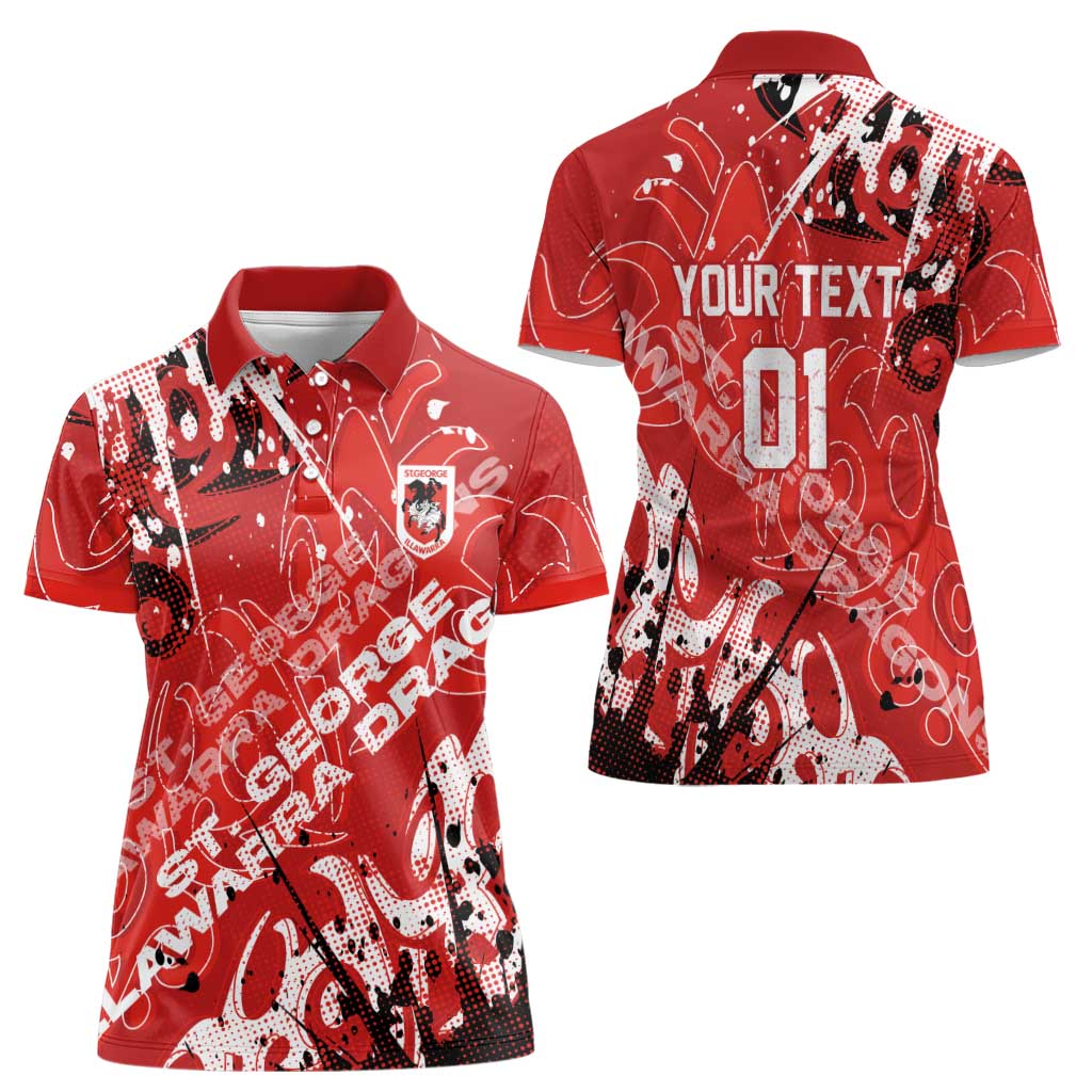 Personalized St. George Illawarra Dragons Rugby Women Polo Shirt Urban Street Graffiti Style - Distressed Splatter Elements
