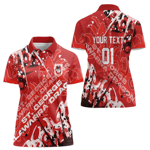 Personalized St. George Illawarra Dragons Rugby Women Polo Shirt Urban Street Graffiti Style - Distressed Splatter Elements