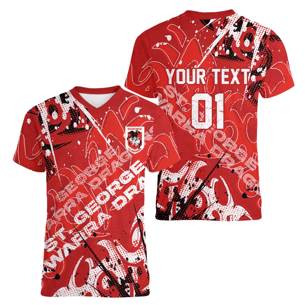 Personalized St. George Illawarra Dragons Rugby Women V-Neck T-Shirt Urban Street Graffiti Style - Distressed Splatter Elements