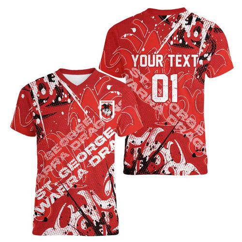 Personalized St. George Illawarra Dragons Rugby Women V-Neck T-Shirt Urban Street Graffiti Style - Distressed Splatter Elements