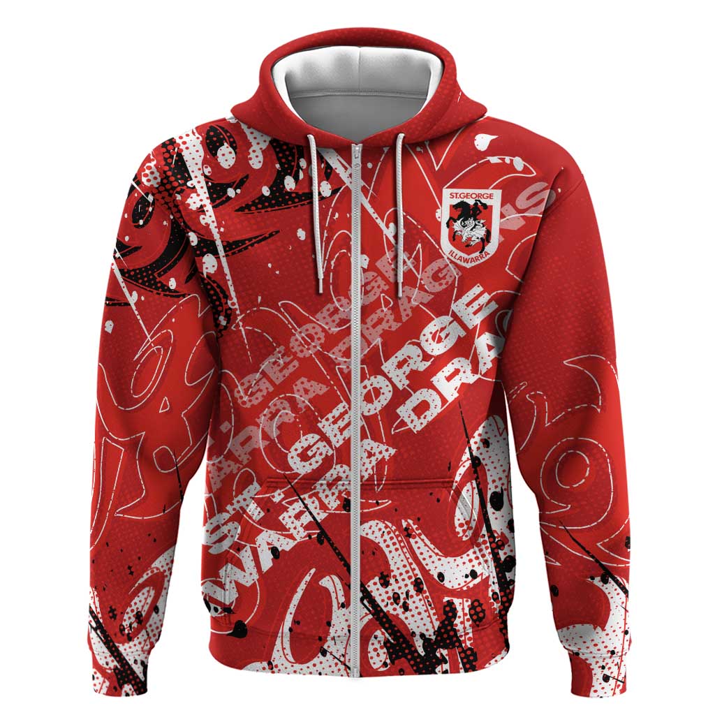 Personalized St. George Illawarra Dragons Rugby Zip Hoodie Urban Street Graffiti Style - Distressed Splatter Elements