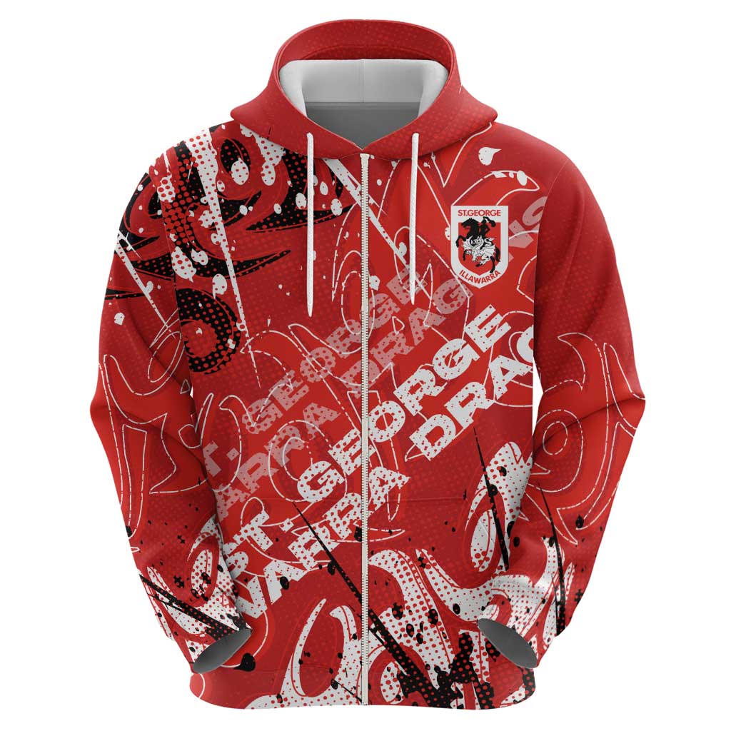 Personalized St. George Illawarra Dragons Rugby Zip Hoodie Urban Street Graffiti Style - Distressed Splatter Elements