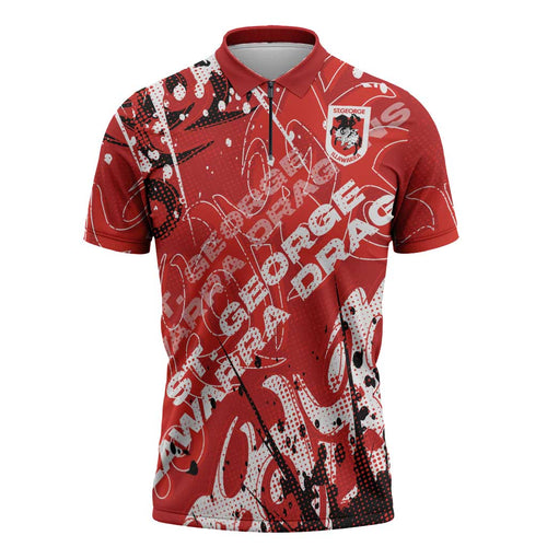 Personalized St. George Illawarra Dragons Rugby Zipper Polo Shirt Urban Street Graffiti Style - Distressed Splatter Elements