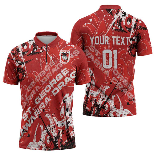 Personalized St. George Illawarra Dragons Rugby Zipper Polo Shirt Urban Street Graffiti Style - Distressed Splatter Elements