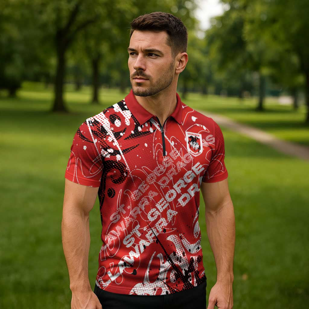 Personalized St. George Illawarra Dragons Rugby Zipper Polo Shirt Urban Street Graffiti Style - Distressed Splatter Elements