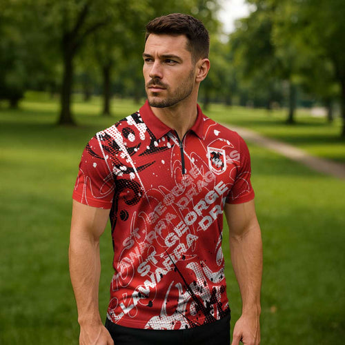 Personalized St. George Illawarra Dragons Rugby Zipper Polo Shirt Urban Street Graffiti Style - Distressed Splatter Elements