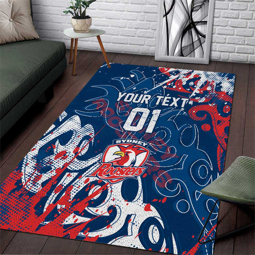 Personalized Sydney Roosters Rugby Area Rug Urban Street Graffiti Style - Distressed Splatter Elements
