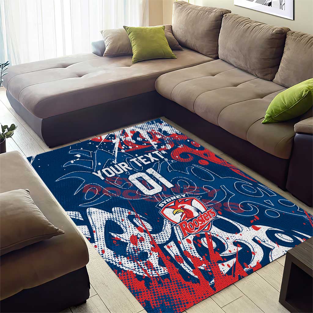Personalized Sydney Roosters Rugby Area Rug Urban Street Graffiti Style - Distressed Splatter Elements