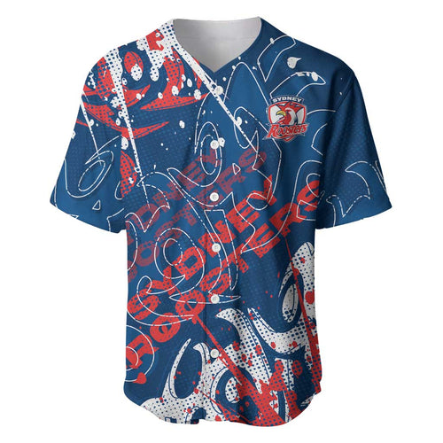 Personalized Sydney Roosters Rugby Baseball Jersey Urban Street Graffiti Style - Distressed Splatter Elements