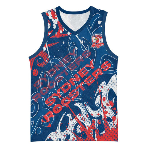 Personalized Sydney Roosters Rugby Basketball Jersey Urban Street Graffiti Style - Distressed Splatter Elements