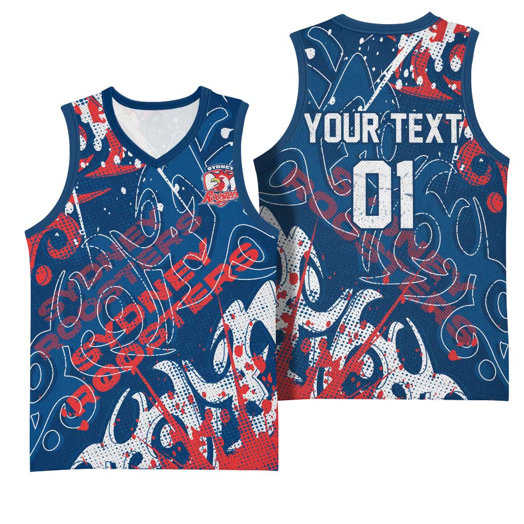 Personalized Sydney Roosters Rugby Basketball Jersey Urban Street Graffiti Style - Distressed Splatter Elements