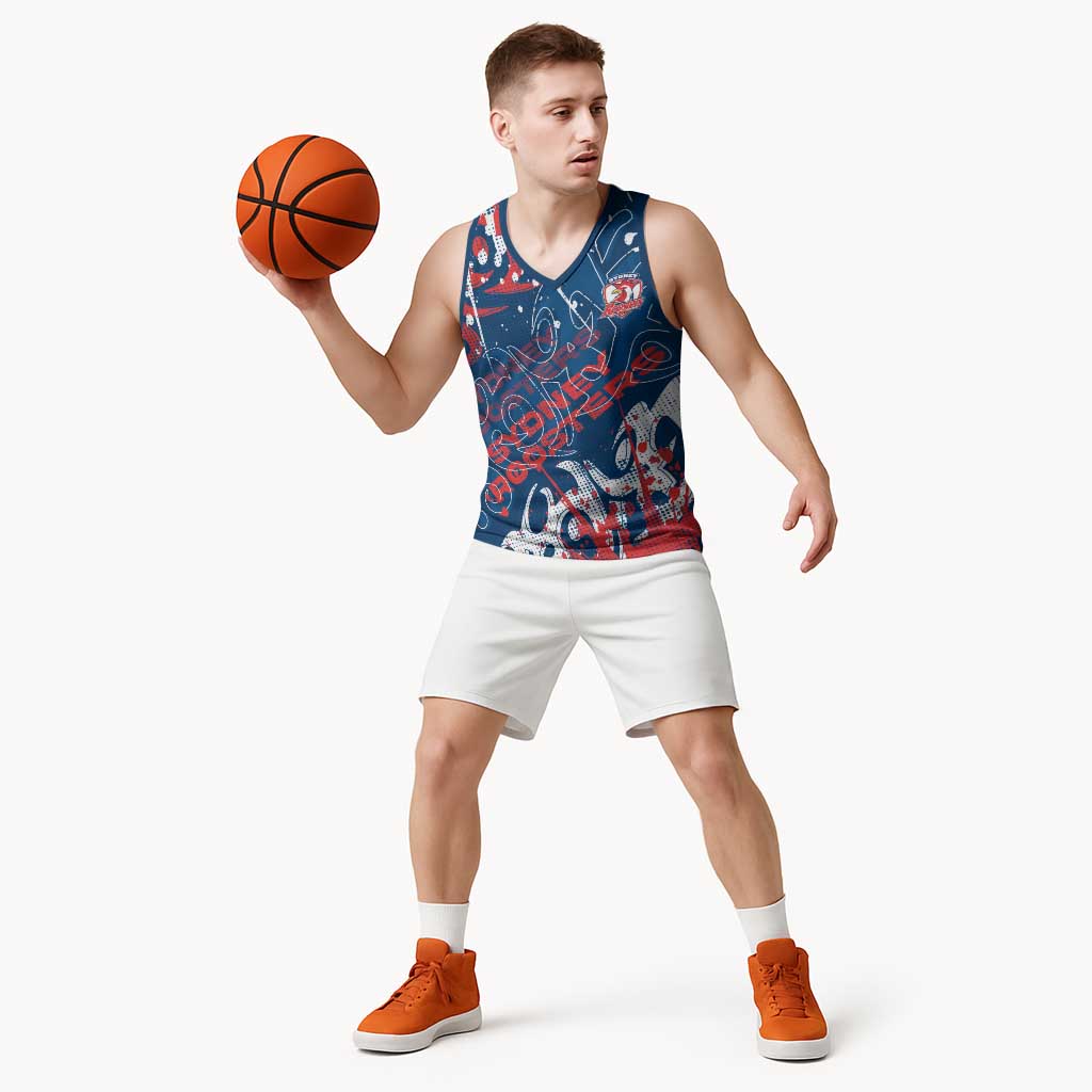 Personalized Sydney Roosters Rugby Basketball Jersey Urban Street Graffiti Style - Distressed Splatter Elements