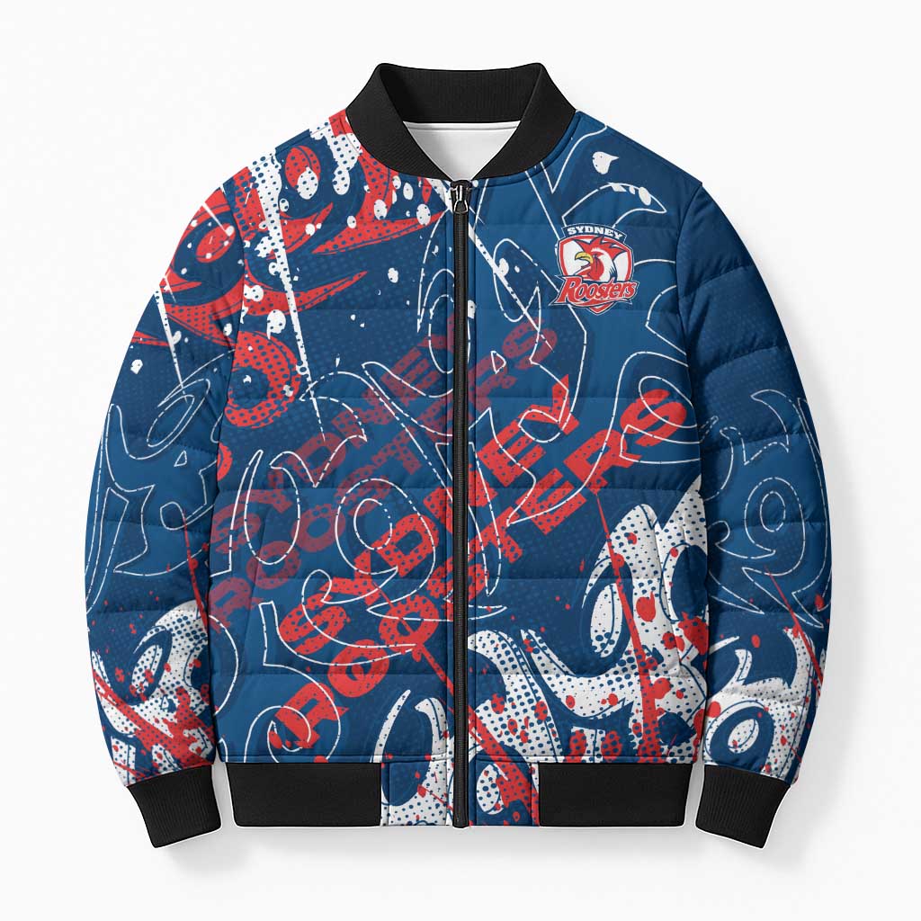 Personalized Sydney Roosters Rugby Bomber Puffer Jacket Urban Street Graffiti Style - Distressed Splatter Elements