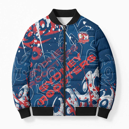 Personalized Sydney Roosters Rugby Bomber Puffer Jacket Urban Street Graffiti Style - Distressed Splatter Elements