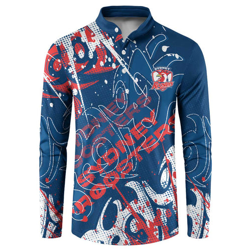 Personalized Sydney Roosters Rugby Button Sweatshirt Urban Street Graffiti Style - Distressed Splatter Elements