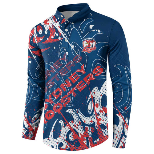 Personalized Sydney Roosters Rugby Button Sweatshirt Urban Street Graffiti Style - Distressed Splatter Elements