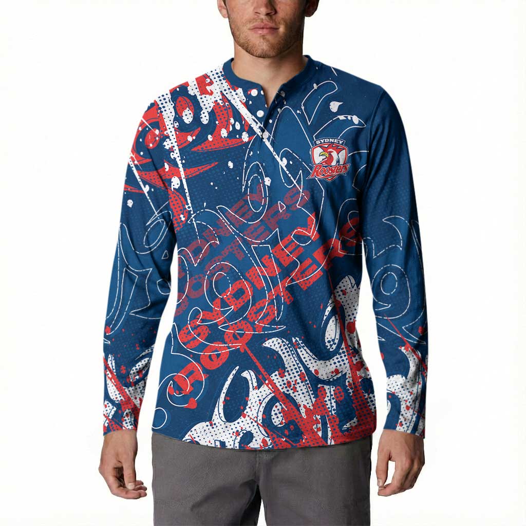 Personalized Sydney Roosters Rugby Button Sweatshirt Urban Street Graffiti Style - Distressed Splatter Elements