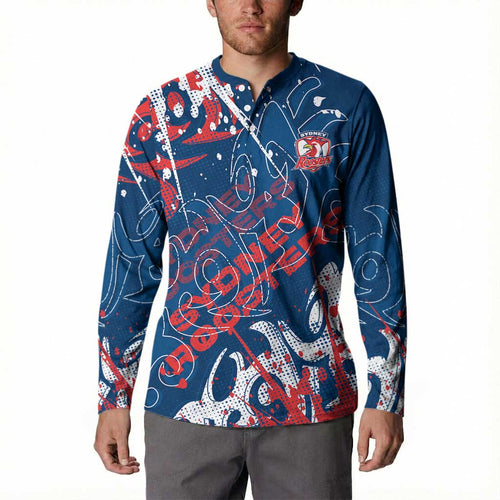 Personalized Sydney Roosters Rugby Button Sweatshirt Urban Street Graffiti Style - Distressed Splatter Elements