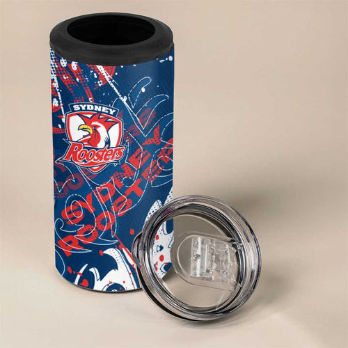 Personalized Sydney Roosters Rugby 4 in 1 Can Cooler Tumbler Urban Street Graffiti Style - Distressed Splatter Elements
