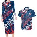 Personalized Sydney Roosters Rugby Couples Matching Long Sleeve Bodycon Dress and Hawaiian Shirt Urban Street Graffiti Style - Distressed Splatter Elements