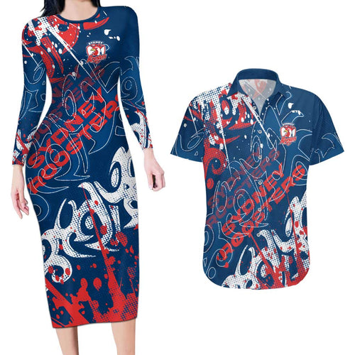 Personalized Sydney Roosters Rugby Couples Matching Long Sleeve Bodycon Dress and Hawaiian Shirt Urban Street Graffiti Style - Distressed Splatter Elements