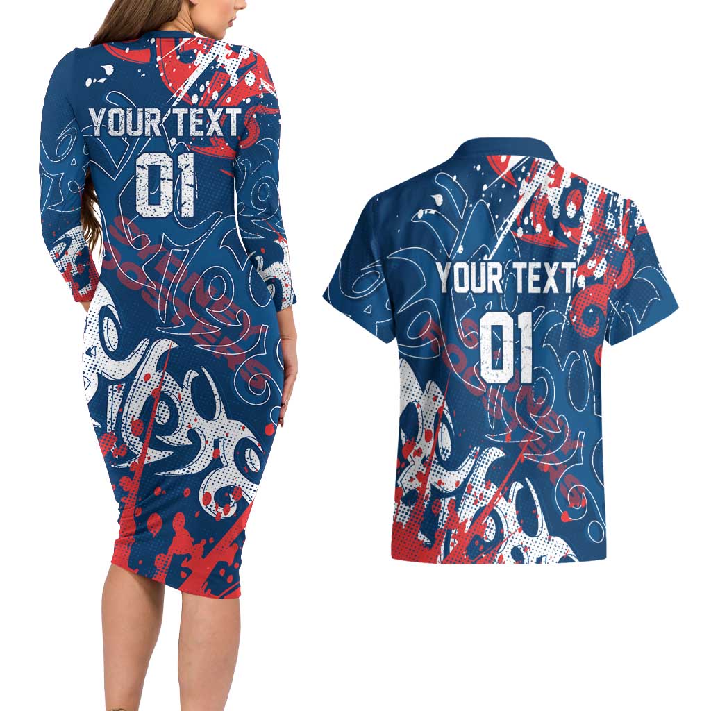 Personalized Sydney Roosters Rugby Couples Matching Long Sleeve Bodycon Dress and Hawaiian Shirt Urban Street Graffiti Style - Distressed Splatter Elements