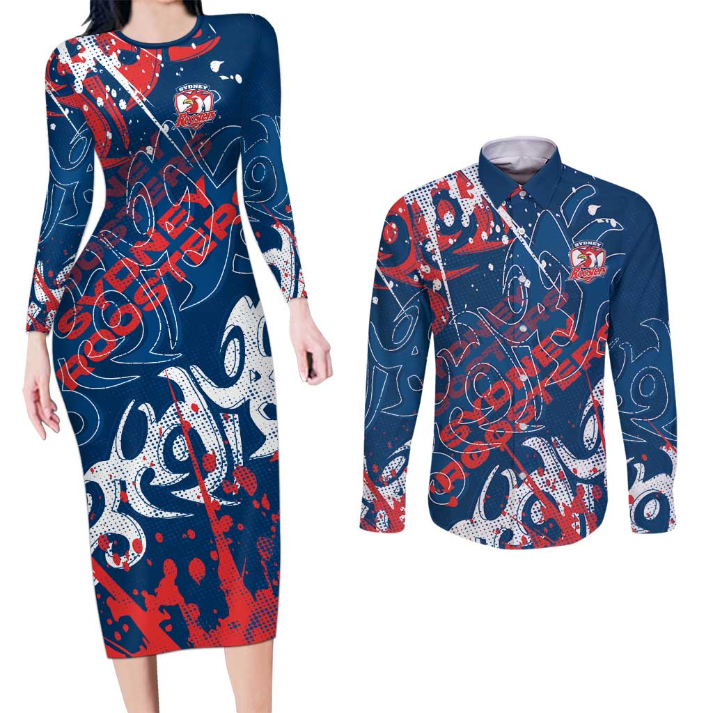 Personalized Sydney Roosters Rugby Couples Matching Long Sleeve Bodycon Dress and Long Sleeve Button Shirt Urban Street Graffiti Style - Distressed Splatter Elements