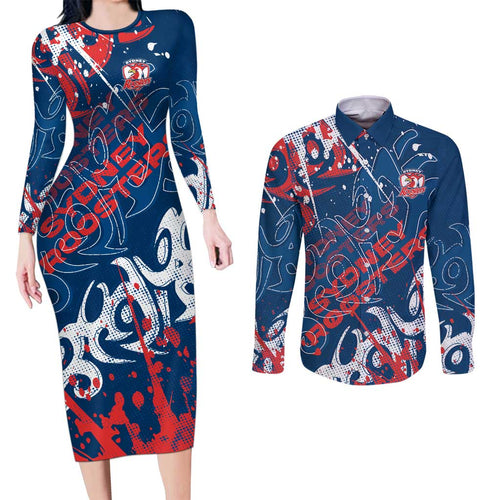 Personalized Sydney Roosters Rugby Couples Matching Long Sleeve Bodycon Dress and Long Sleeve Button Shirt Urban Street Graffiti Style - Distressed Splatter Elements