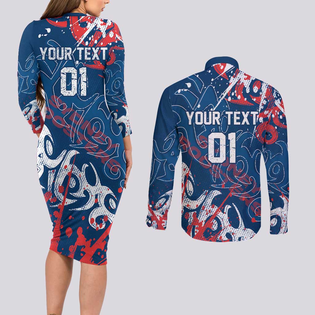 Personalized Sydney Roosters Rugby Couples Matching Long Sleeve Bodycon Dress and Long Sleeve Button Shirt Urban Street Graffiti Style - Distressed Splatter Elements