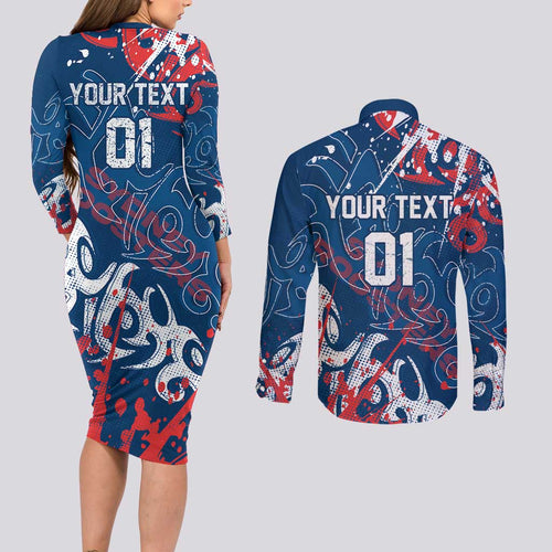 Personalized Sydney Roosters Rugby Couples Matching Long Sleeve Bodycon Dress and Long Sleeve Button Shirt Urban Street Graffiti Style - Distressed Splatter Elements