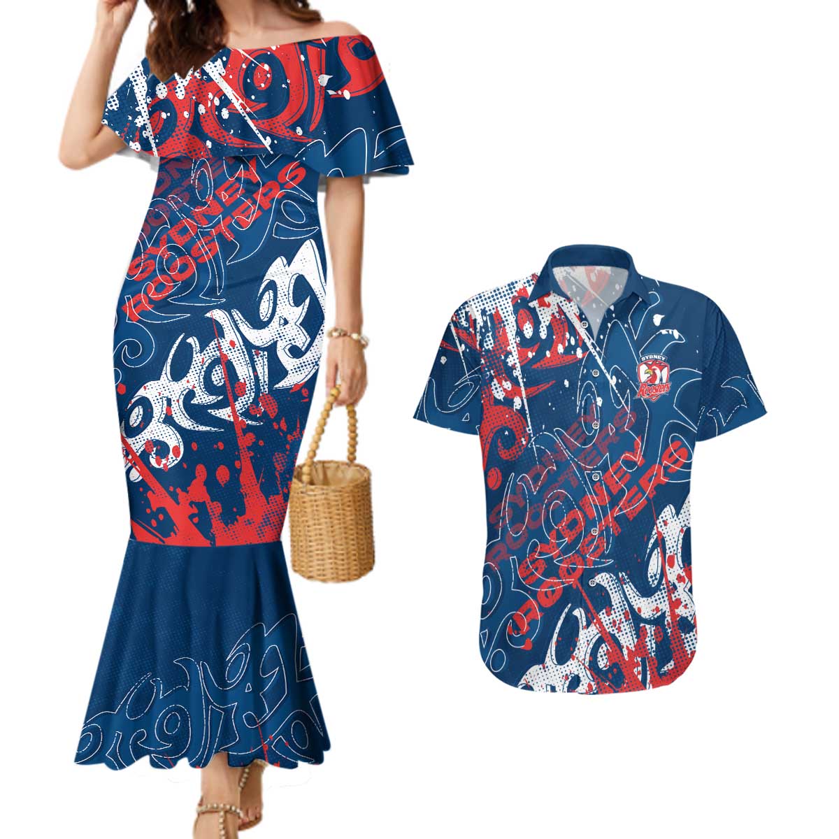 Personalized Sydney Roosters Rugby Couples Matching Mermaid Dress and Hawaiian Shirt Urban Street Graffiti Style - Distressed Splatter Elements