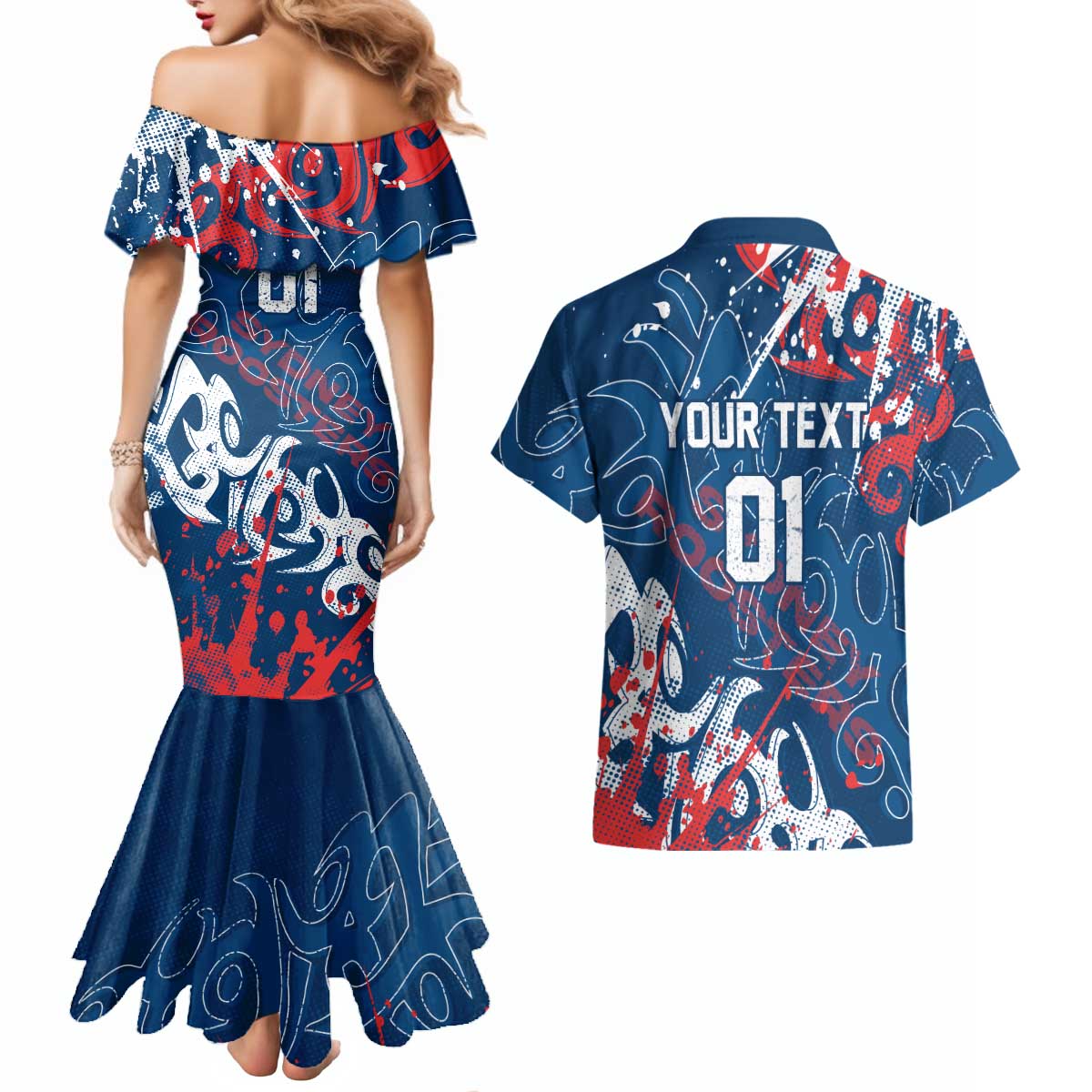 Personalized Sydney Roosters Rugby Couples Matching Mermaid Dress and Hawaiian Shirt Urban Street Graffiti Style - Distressed Splatter Elements
