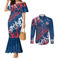 Personalized Sydney Roosters Rugby Couples Matching Mermaid Dress and Long Sleeve Button Shirt Urban Street Graffiti Style - Distressed Splatter Elements