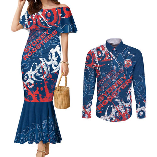 Personalized Sydney Roosters Rugby Couples Matching Mermaid Dress and Long Sleeve Button Shirt Urban Street Graffiti Style - Distressed Splatter Elements