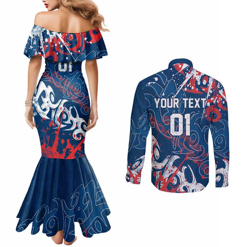 Personalized Sydney Roosters Rugby Couples Matching Mermaid Dress and Long Sleeve Button Shirt Urban Street Graffiti Style - Distressed Splatter Elements