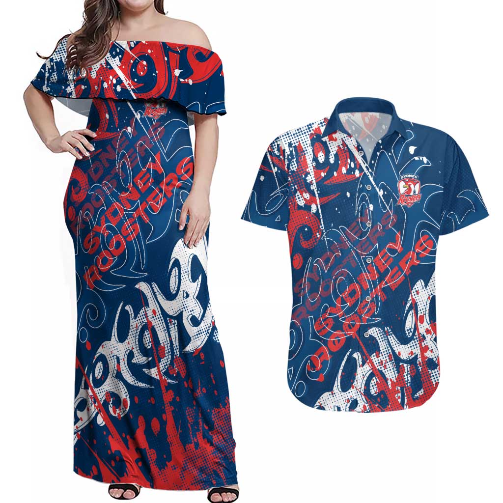 Personalized Sydney Roosters Rugby Couples Matching Off Shoulder Maxi Dress and Hawaiian Shirt Urban Street Graffiti Style - Distressed Splatter Elements