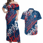 Personalized Sydney Roosters Rugby Couples Matching Off Shoulder Maxi Dress and Hawaiian Shirt Urban Street Graffiti Style - Distressed Splatter Elements