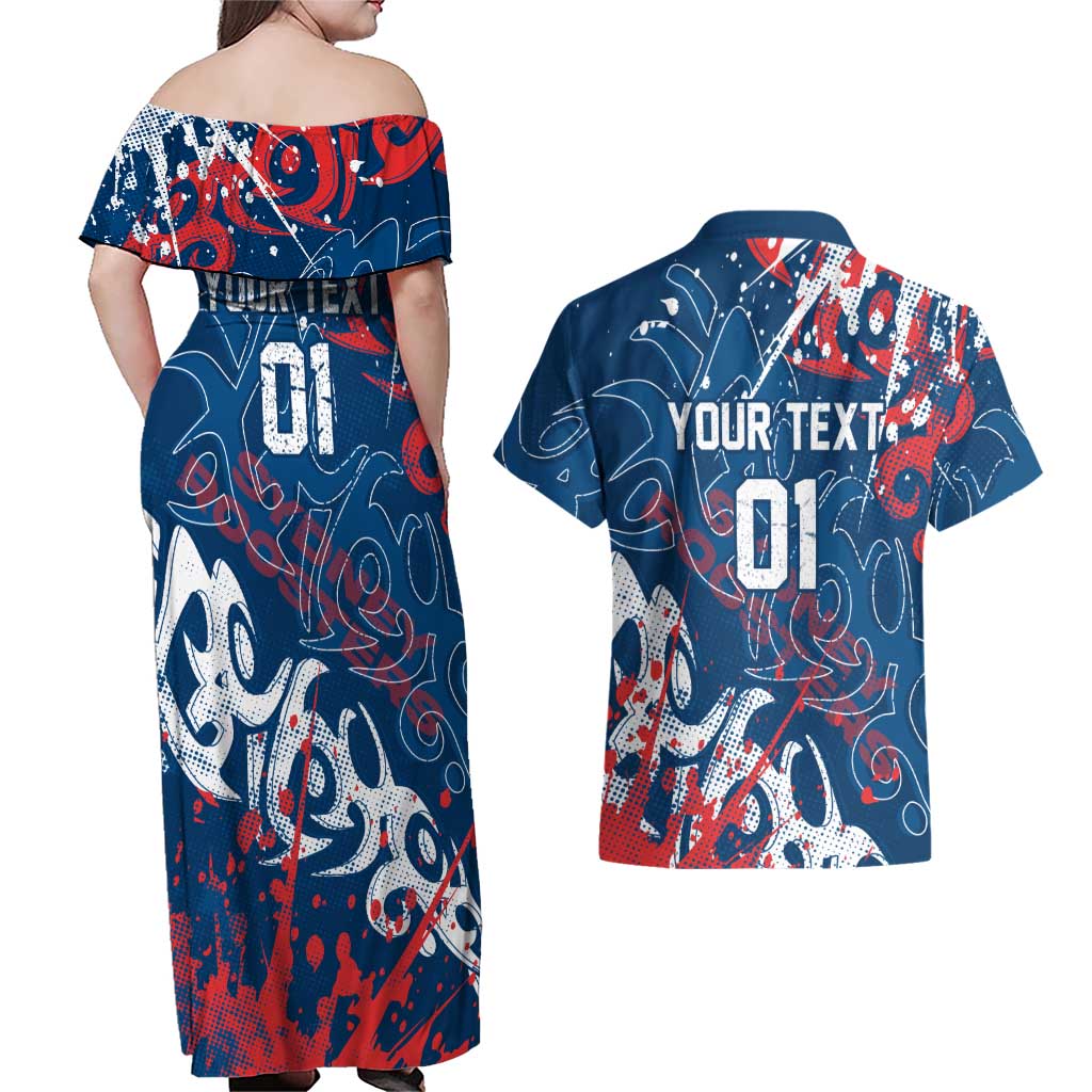 Personalized Sydney Roosters Rugby Couples Matching Off Shoulder Maxi Dress and Hawaiian Shirt Urban Street Graffiti Style - Distressed Splatter Elements
