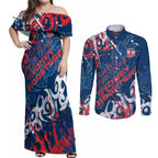Personalized Sydney Roosters Rugby Couples Matching Off Shoulder Maxi Dress and Long Sleeve Button Shirt Urban Street Graffiti Style - Distressed Splatter Elements