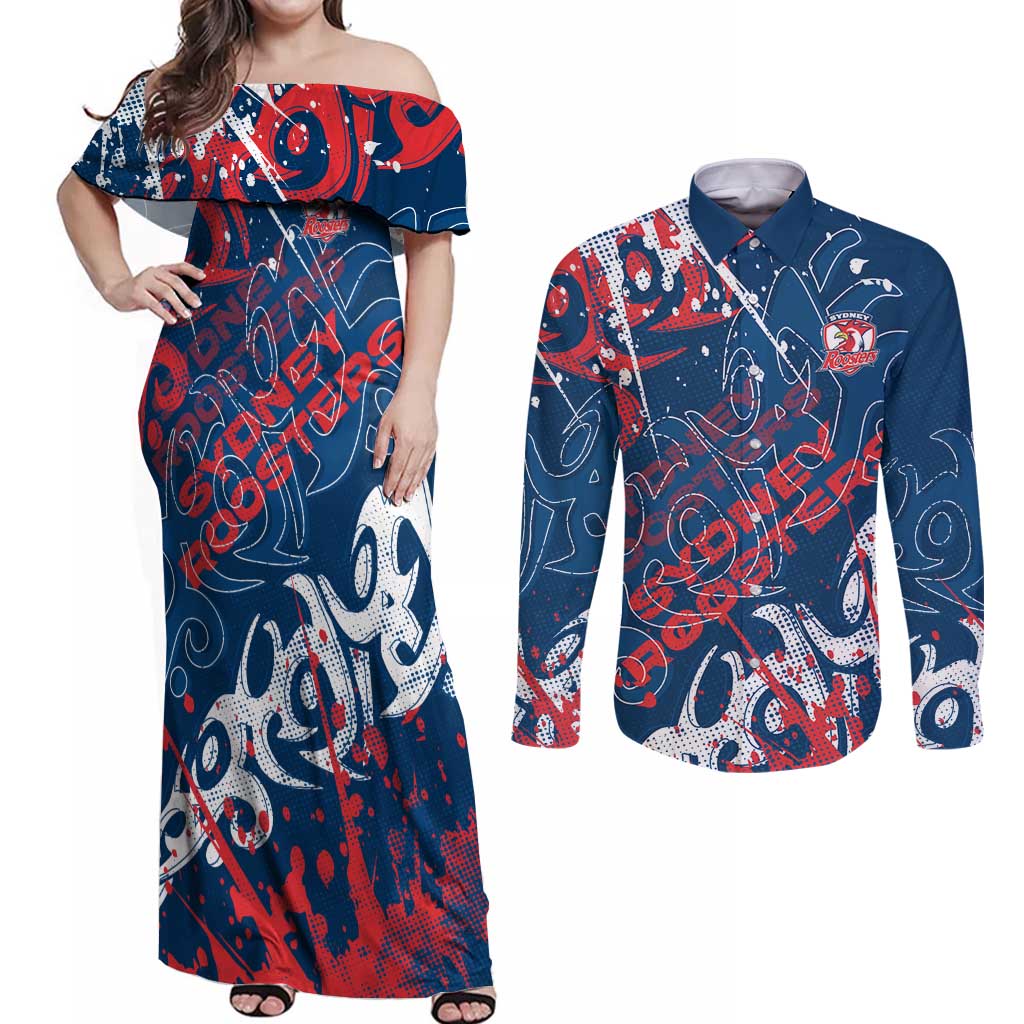 Personalized Sydney Roosters Rugby Couples Matching Off Shoulder Maxi Dress and Long Sleeve Button Shirt Urban Street Graffiti Style - Distressed Splatter Elements