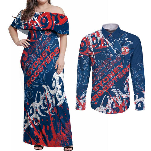 Personalized Sydney Roosters Rugby Couples Matching Off Shoulder Maxi Dress and Long Sleeve Button Shirt Urban Street Graffiti Style - Distressed Splatter Elements