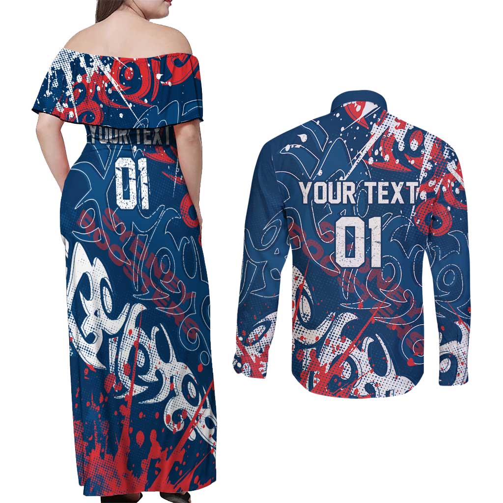 Personalized Sydney Roosters Rugby Couples Matching Off Shoulder Maxi Dress and Long Sleeve Button Shirt Urban Street Graffiti Style - Distressed Splatter Elements