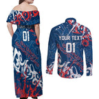 Personalized Sydney Roosters Rugby Couples Matching Off Shoulder Maxi Dress and Long Sleeve Button Shirt Urban Street Graffiti Style - Distressed Splatter Elements