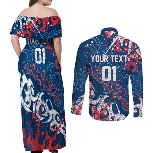 Personalized Sydney Roosters Rugby Couples Matching Off Shoulder Maxi Dress and Long Sleeve Button Shirt Urban Street Graffiti Style - Distressed Splatter Elements